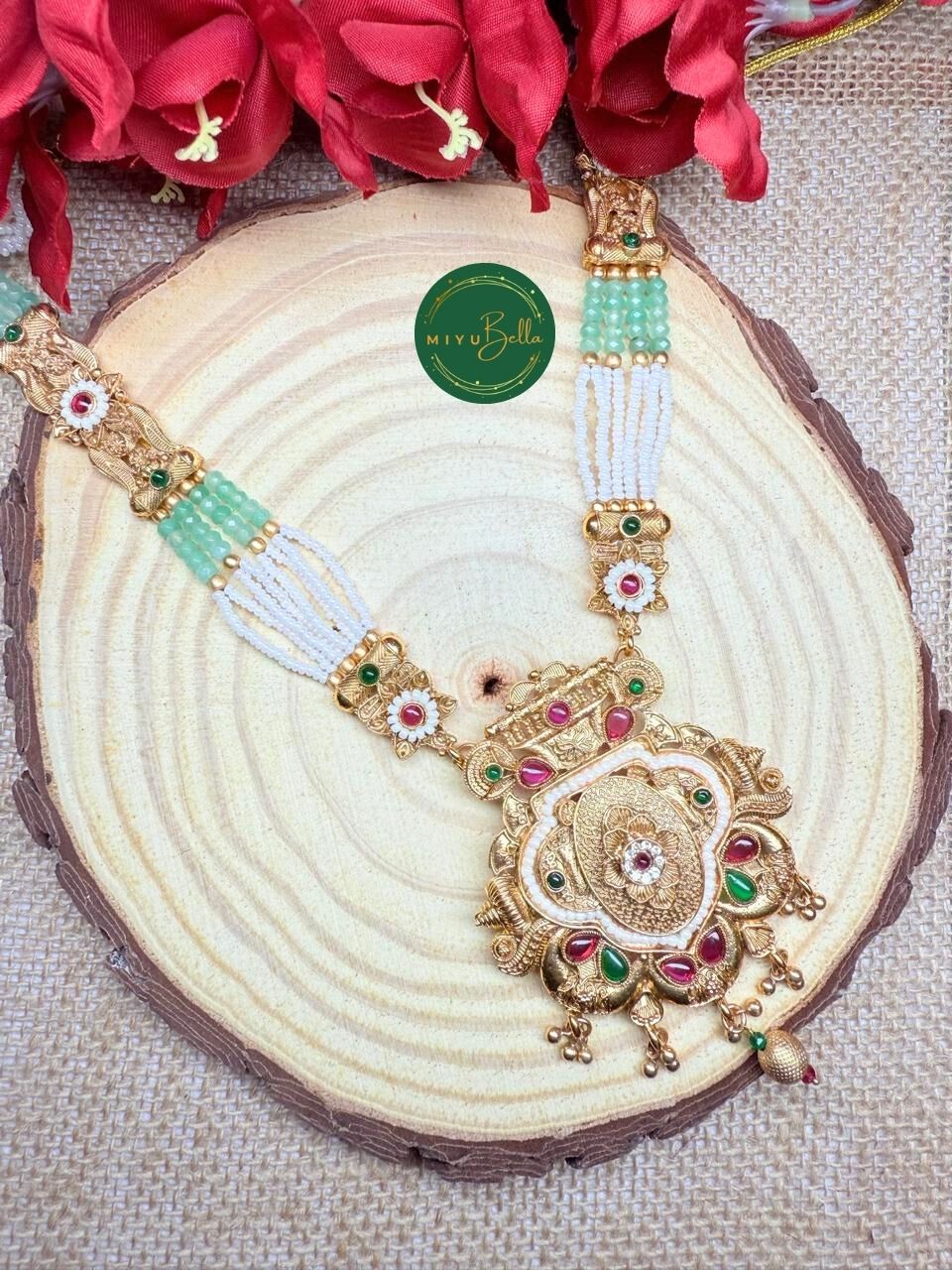 Vamika – Kemp Work, Pearls & Cubic Zirconia Temple Jewellery in Oxidised Gold Polish