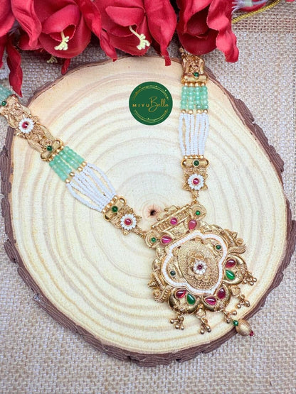 Vamika – Kemp Work, Pearls & Cubic Zirconia Temple Jewellery in Oxidised Gold Polish