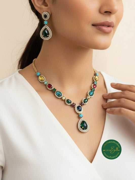 Sabhya - Vintage Emerald Drop Necklace Set