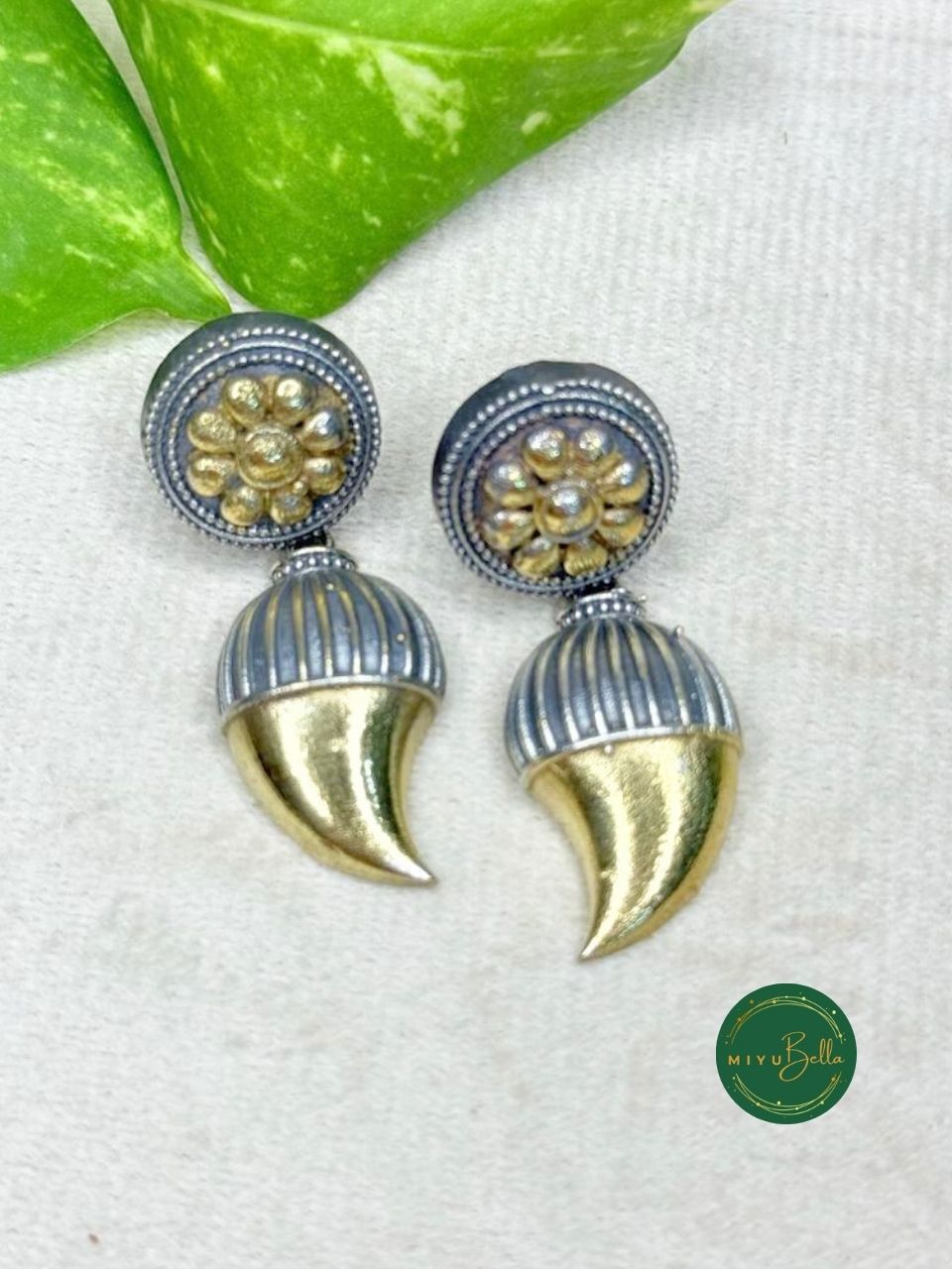 Garima - Dual Tone Floral Stud with Dome and Crescent Drop