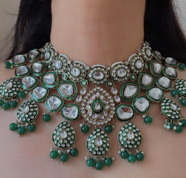 Gayatri – Kundan and Meenakari Necklace Set in Oxidized Gold Polish