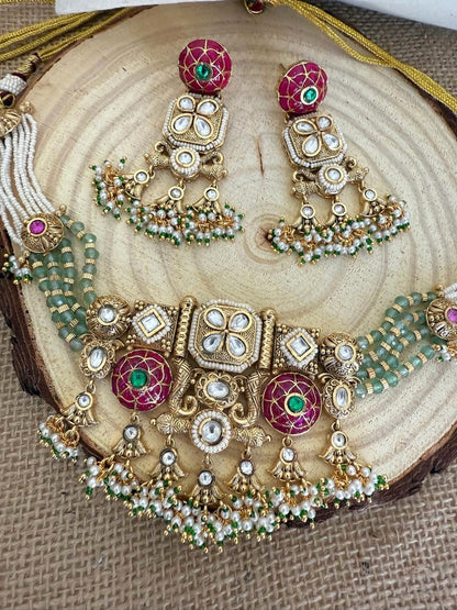 Meera - Paachi Kundan and Meenakari Choker Necklace
