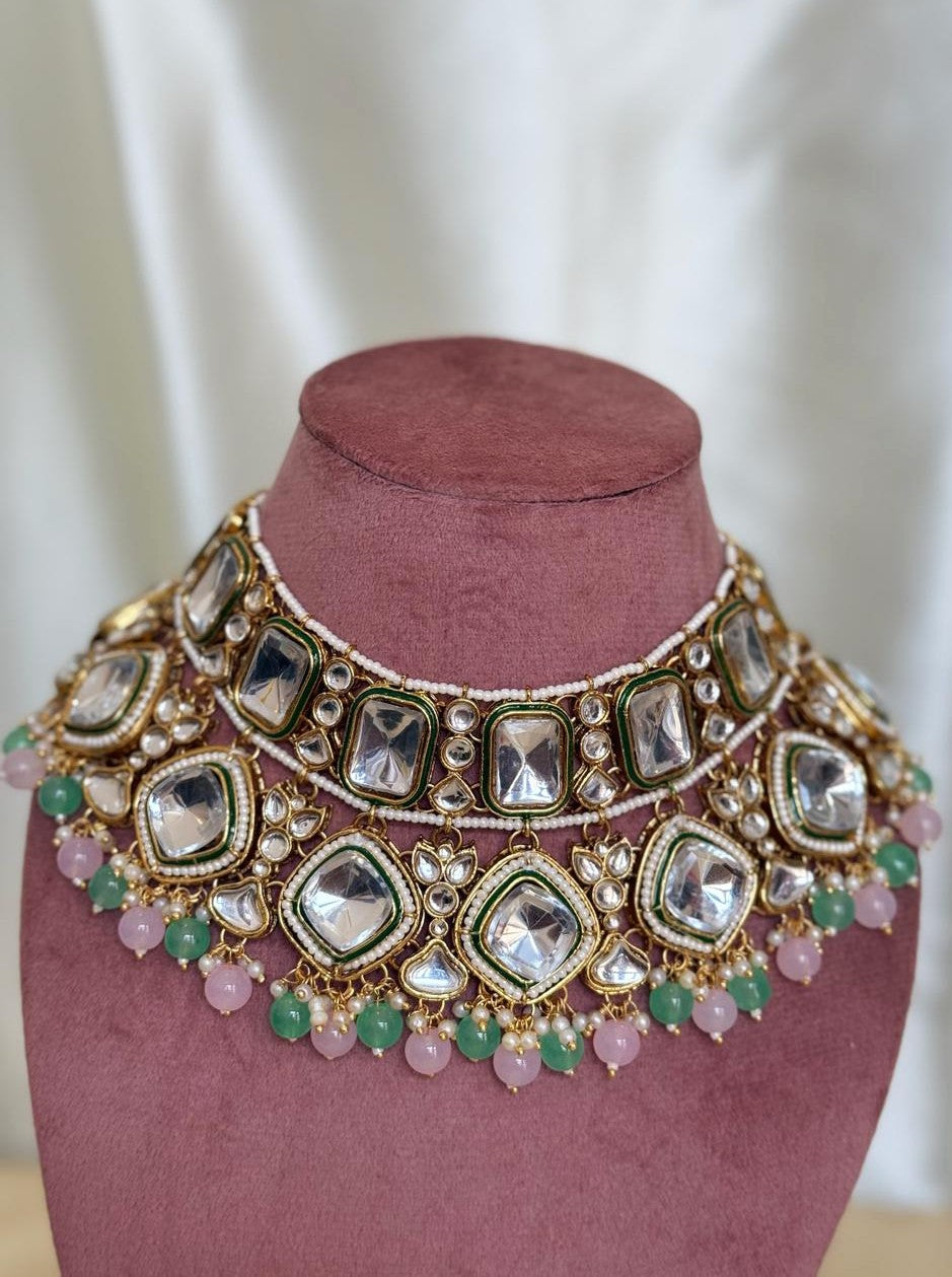 Gayatri – Kundan and Meenakari Necklace Set in Oxidized Gold Polish